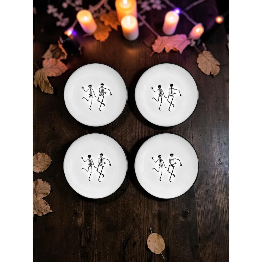Royal Norfolk Halloween Dancing Skeleton Appetizer Dessert Plates 6.5" Set of 4